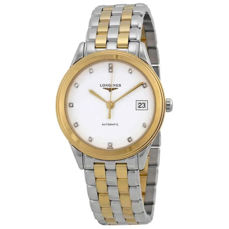 Longines Flagship Automatic Diamond 35.6mm Midsize Watch L47743277 - Dial: White, Band: Gold, Silver, Bezel: Gold