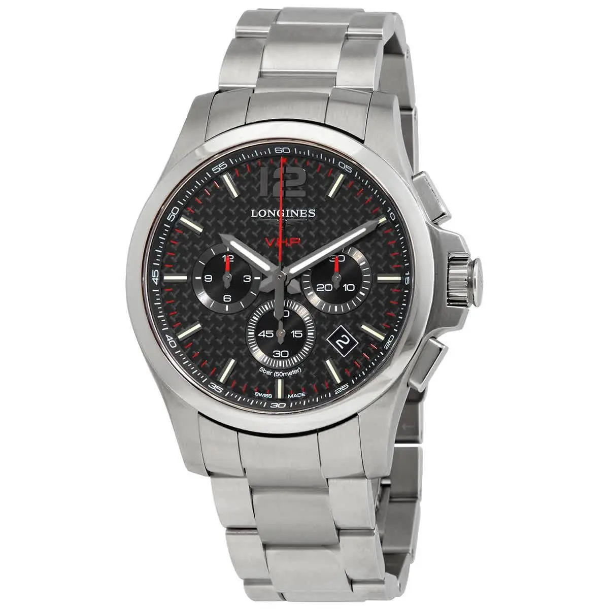 Longines Conquest Chronograph Quartz Men`s Watch L37274666 - Dial: Carbon Fiber, Band: Silver-tone, Bezel: Silver-tone