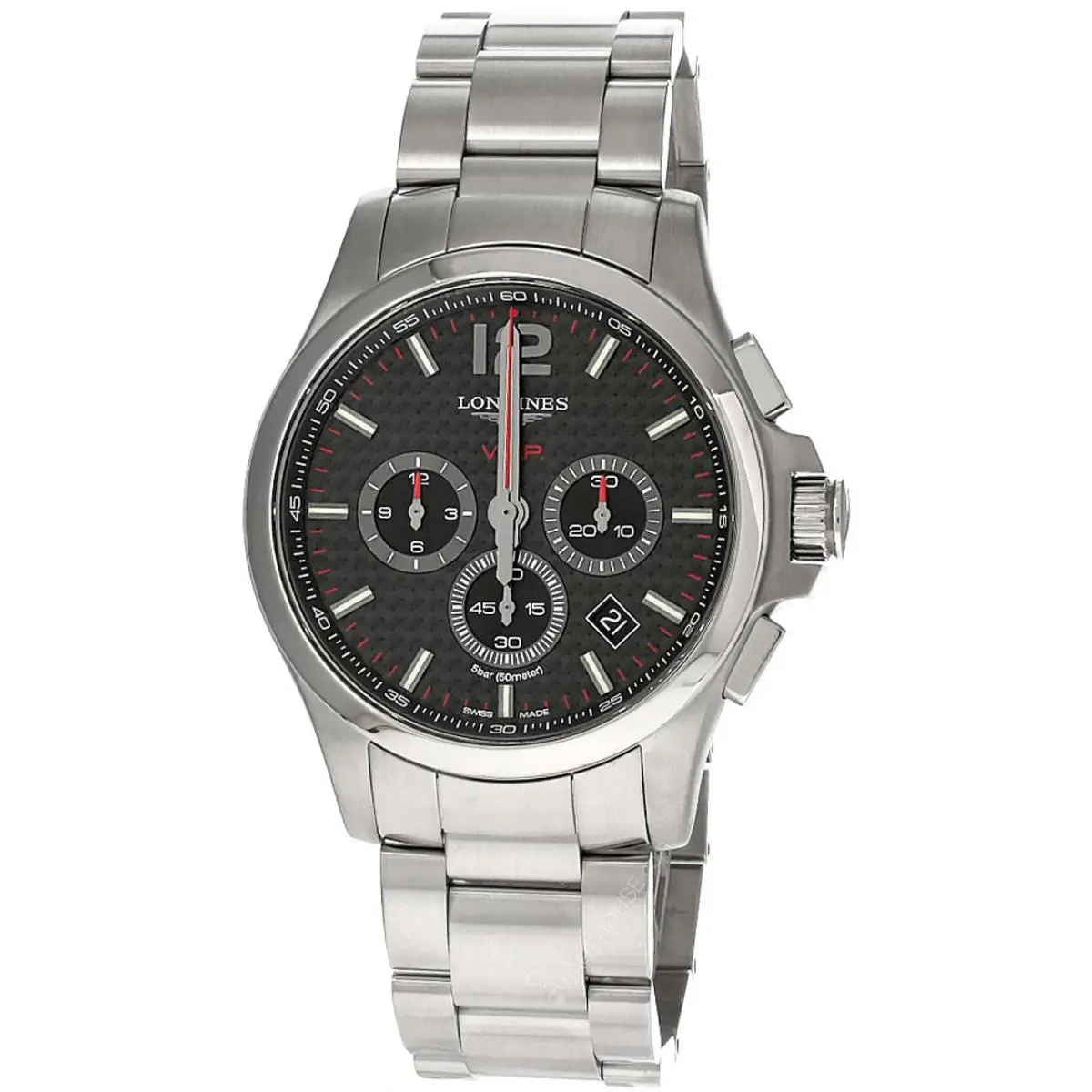 Longines Conquest Chrono 44mm Black Dial SS Men`s Watch L3.727.4.66.6 - Dial: Black Carbon, Band: Silver, Bezel: Silver