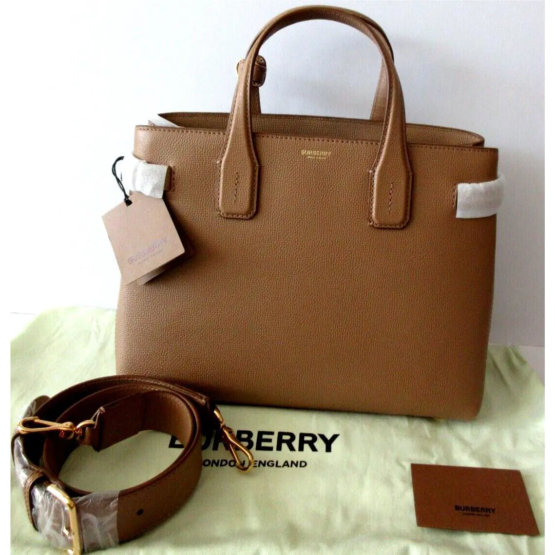 Burberry Banner Tote House Check Derby Shoulder Bag Dark Sand Leather 8068550