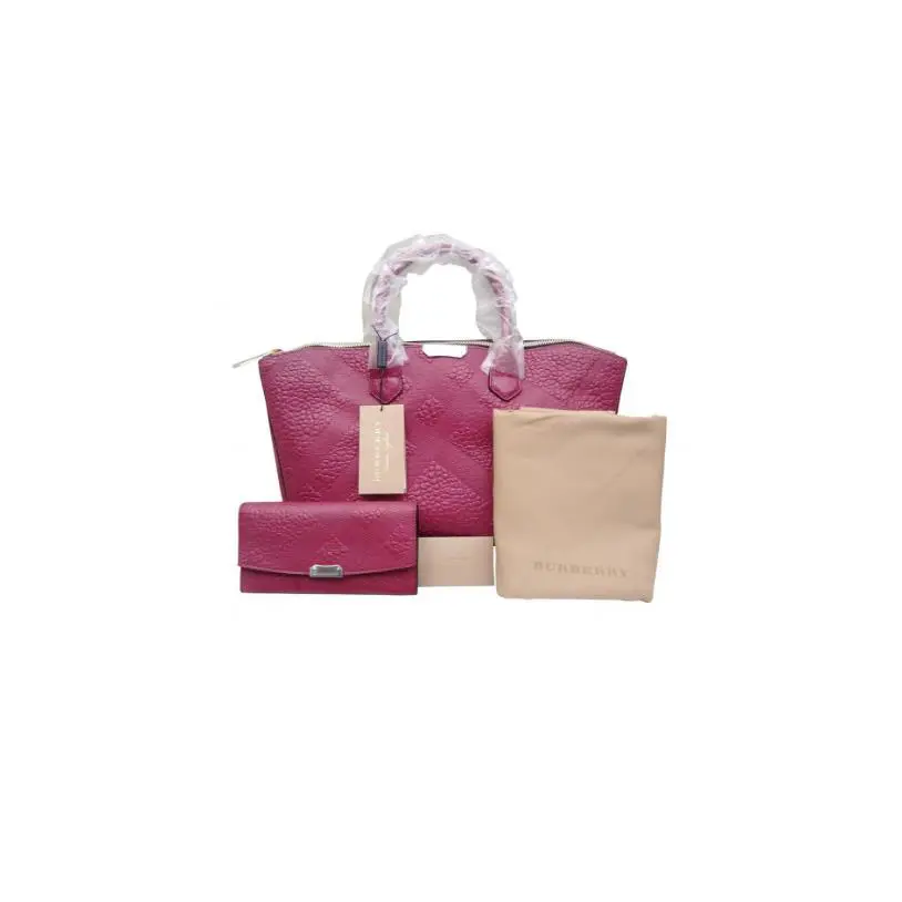 Burberry Mulberry Haymarket Embossed Leather 2 Way Tote with Matching Wallet