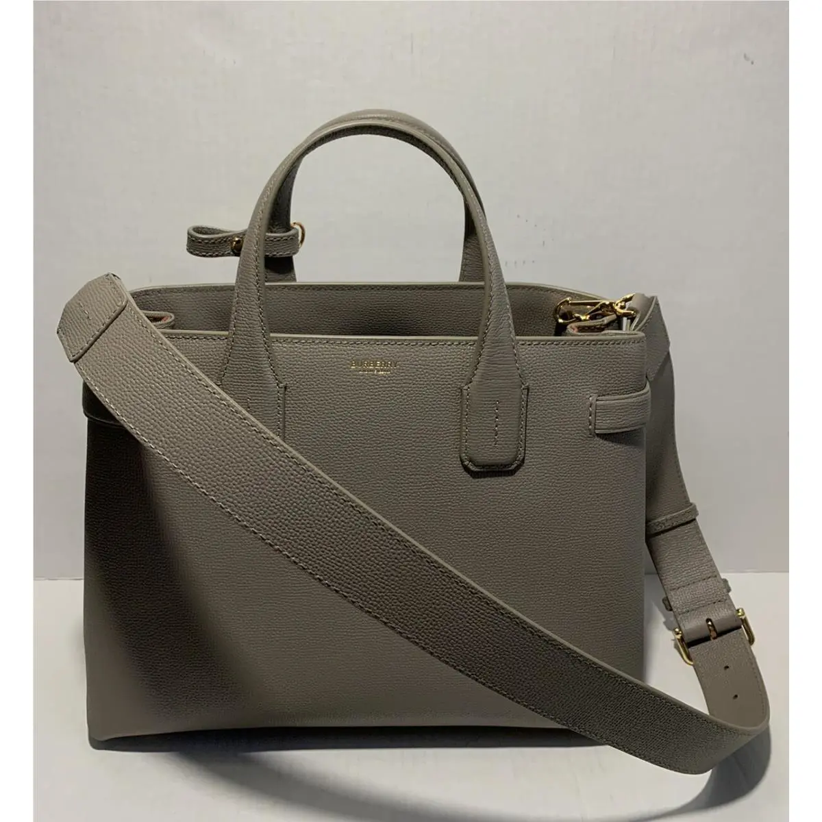 Burberry House Check Taupe Brown Grain Leather Banner Medium Shoulder Tote Bag