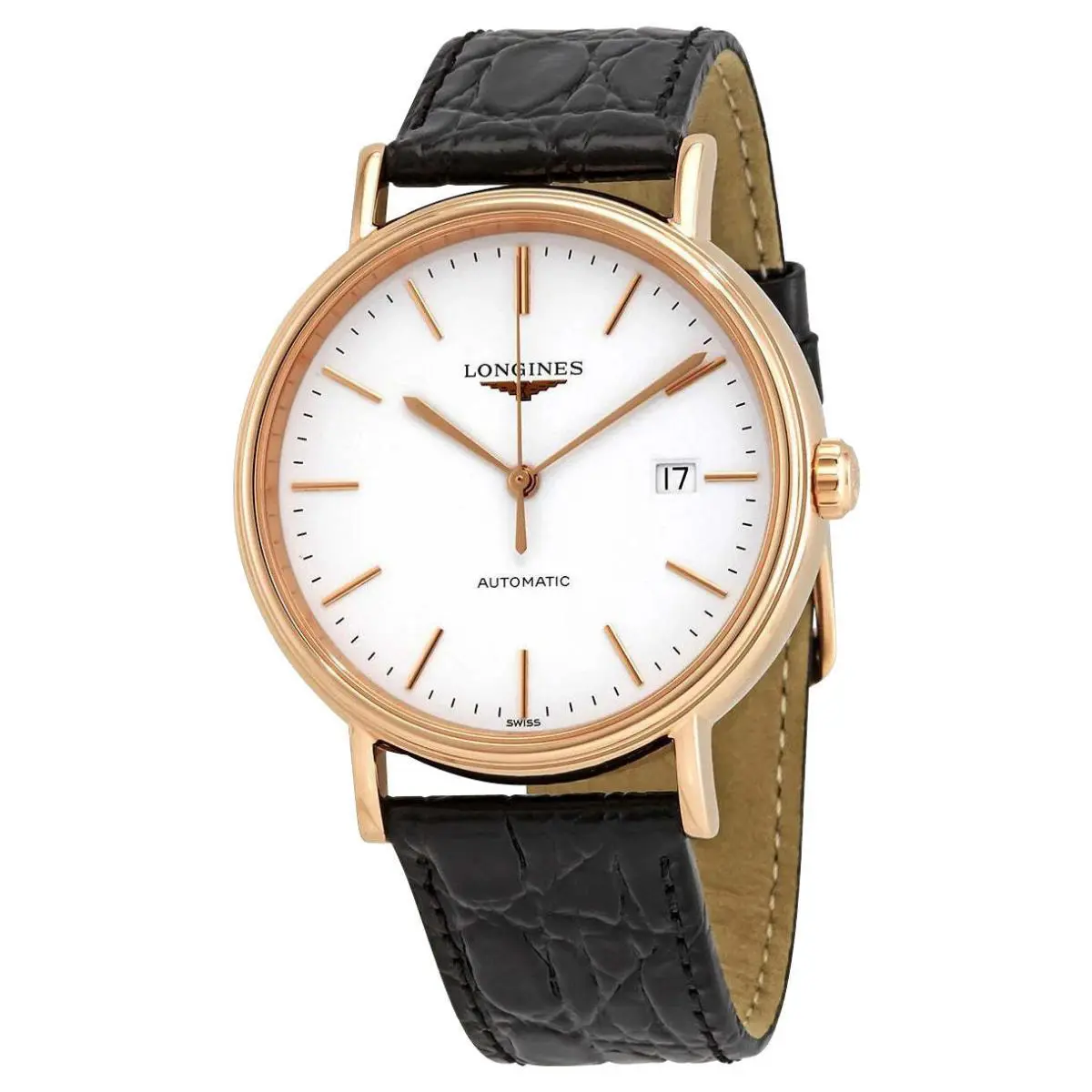 Longines Presence Automatic Rose Gold Pvd Black Leather Mens Watch L4.922.1.12.2