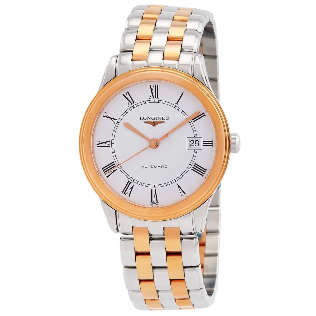 Longines Flagship Automatic White Dial Men`s Watch L48743917 - Dial: White, Band: Two-tone (Silver-tone and Rose Gold-tone), Bezel: Two-tone (Silver-tone and Rose Gold-tone)