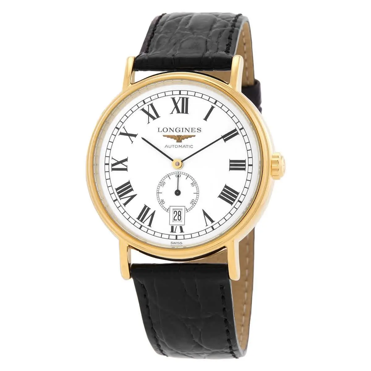 Longines Presence Automatic White Dial Men`s Watch L4.904.2.11.2 - Dial: White, Band: Black, Bezel: Yellow Gold PVD
