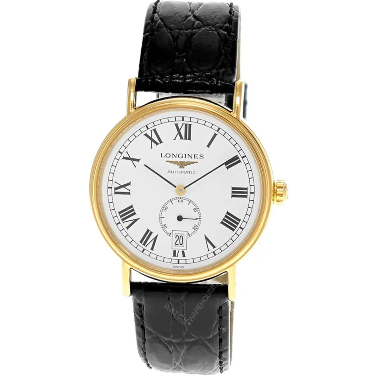 Longines Presence Automatic 38.5mm Yellow Gold Leather Men`s Watch L4.904.2.11.2 - Dial: Silver, White, Band: Black, Bezel: Gold