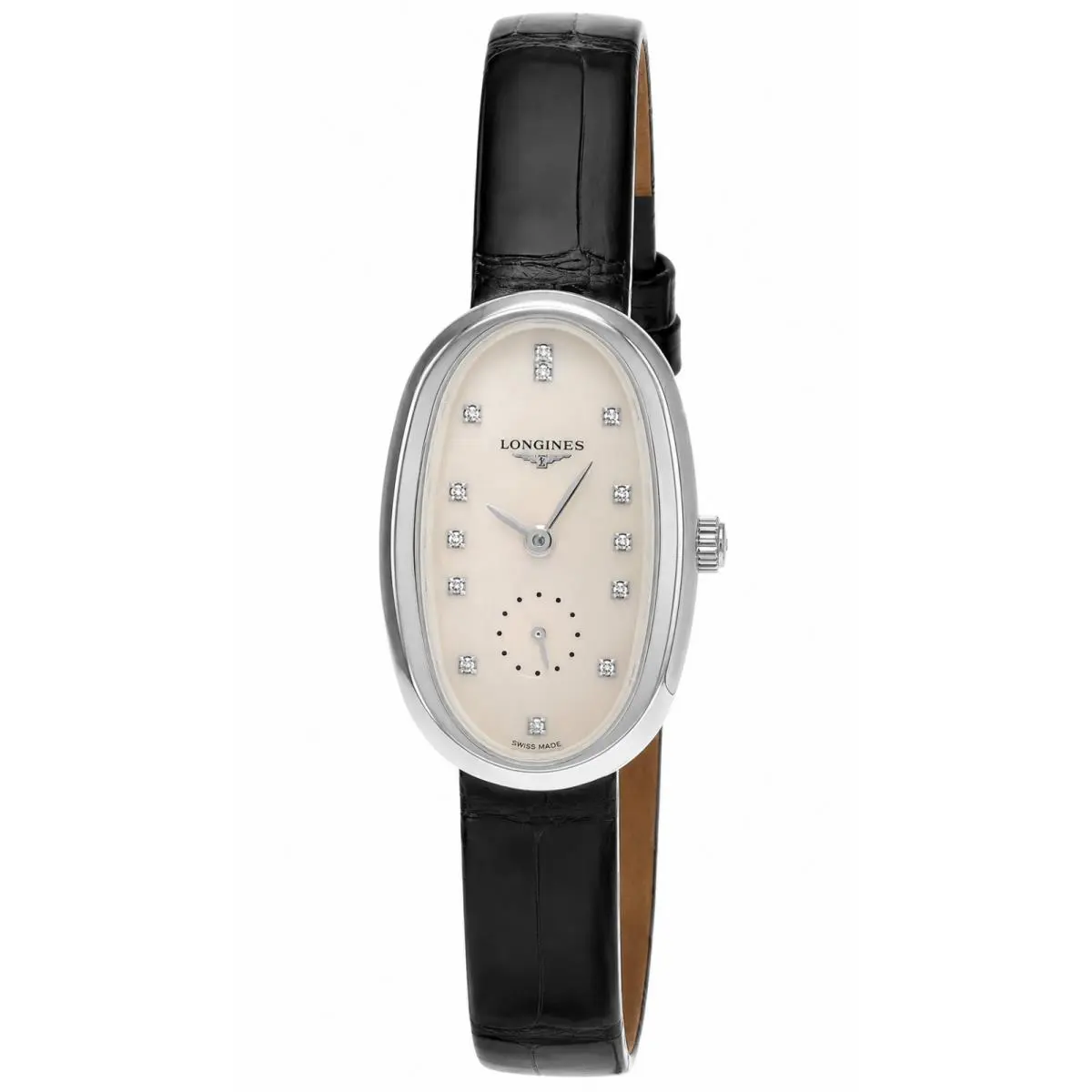 Longines Symphonette Quartz 34mm Mop Diamond Dial Women`s Watch L2.306.4.87.0 - Dial: Silver, Band: Black, Bezel: Silver