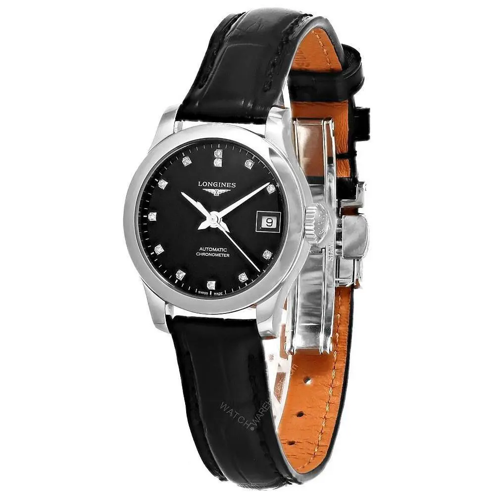 Longines Record Automatic 26MM 12 Diamond Leather Women`s Watch L2.320.4.57.2 - Dial: Black, Band: Black