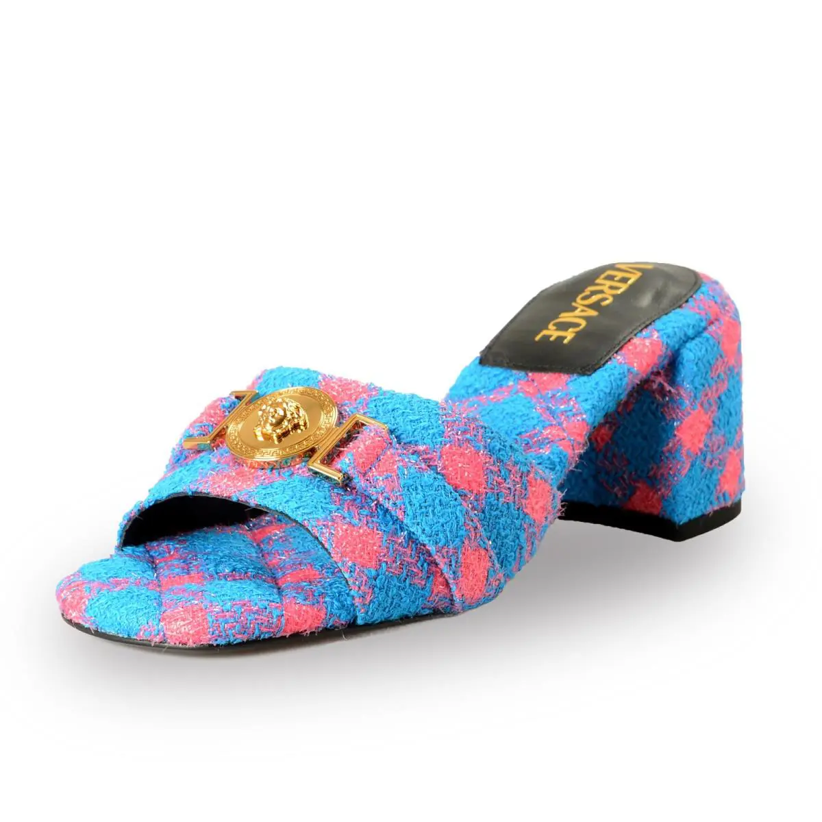Versace Women`s Lurex Check Gold Medusa Heeled Sandals Mules Shoes US 10 IT 40 - Pink/Blue