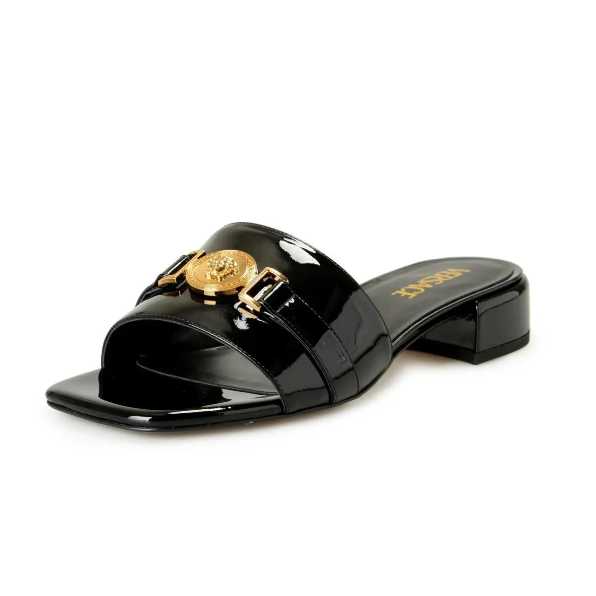 Versace Women`s Black Leather Gold Medusa Sandals Flip Flop Shoes US 11 IT 41 - Black