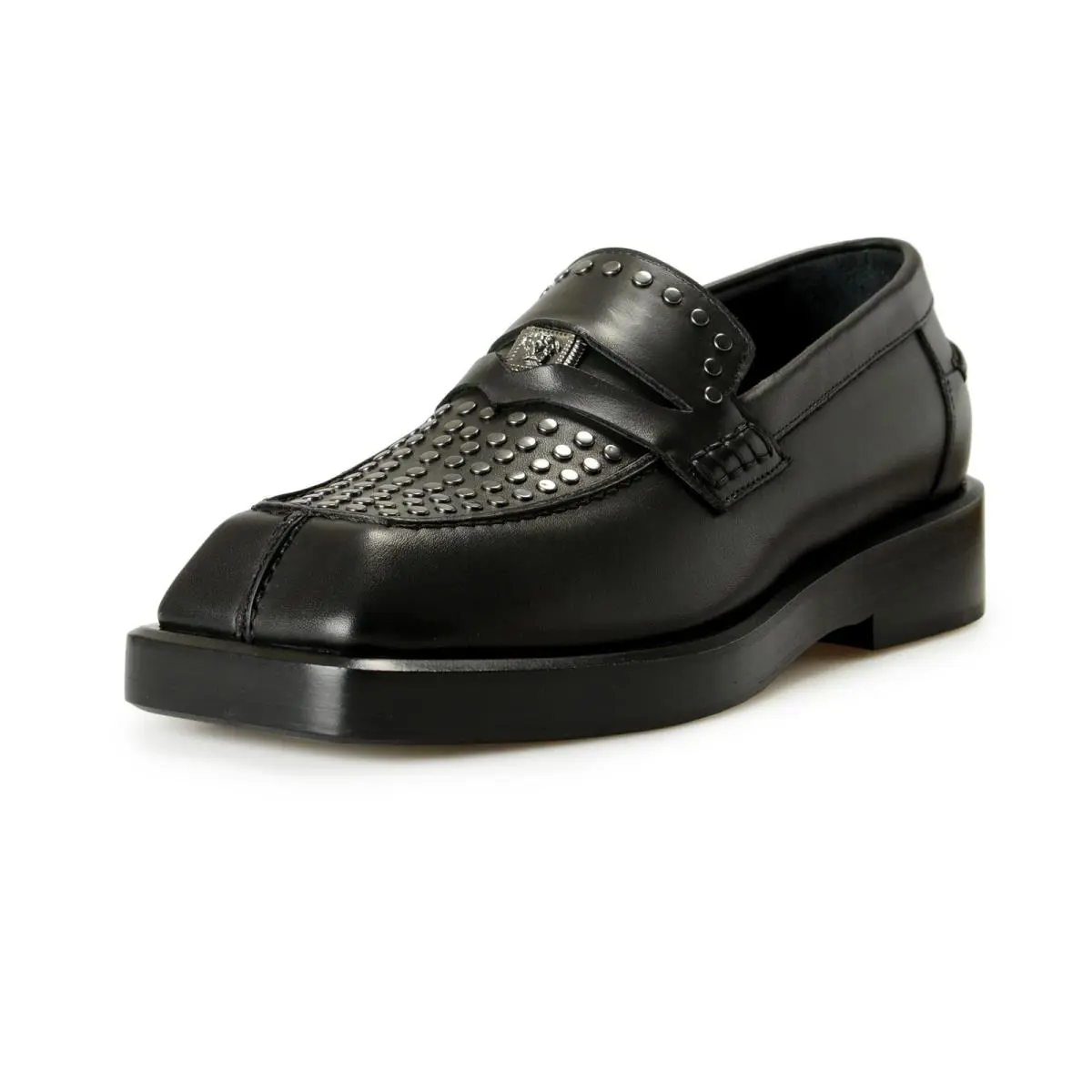 Versace Men`s Black 100%Leather Silver Medusa Studs Loafers Shoes US 6 IT 39