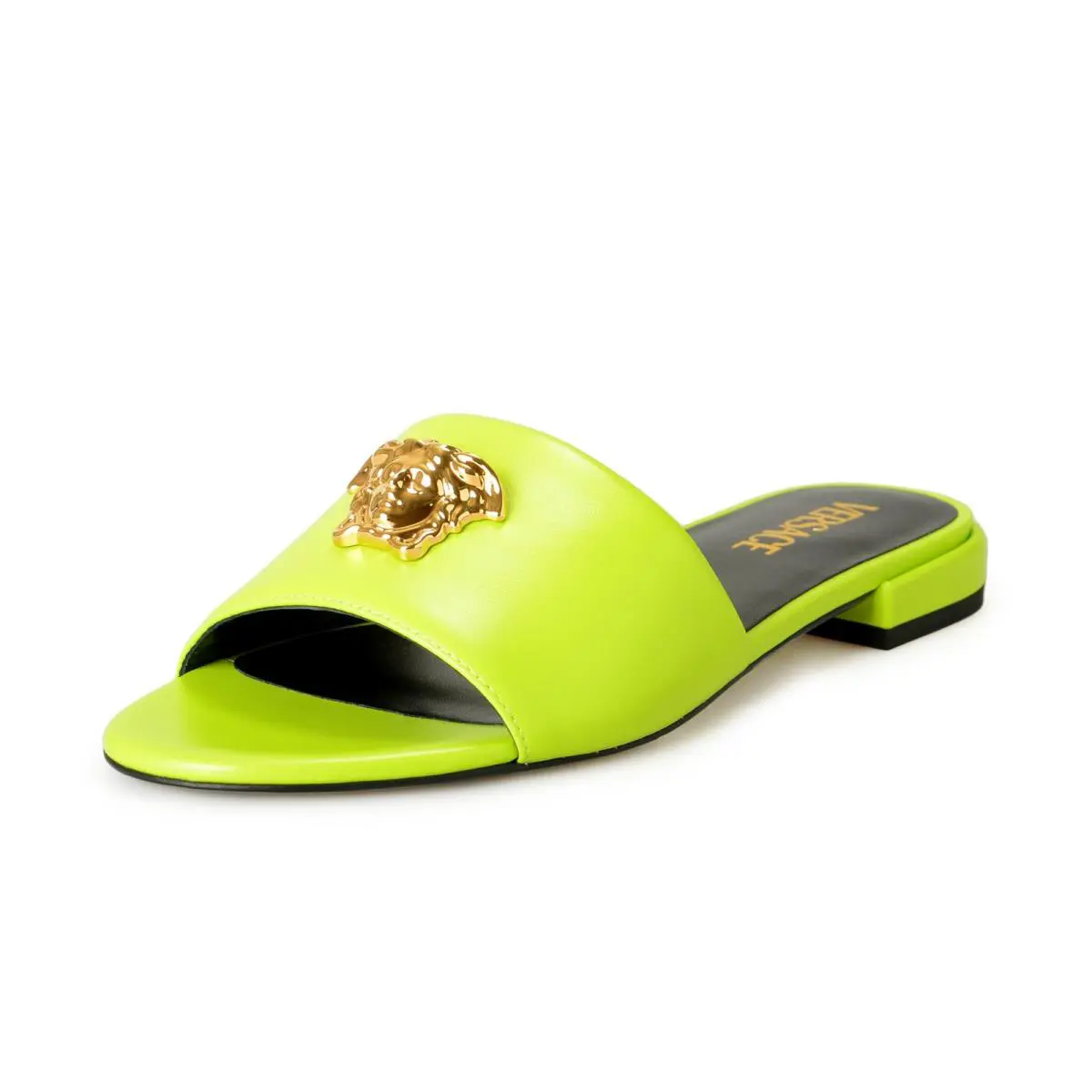 Versace Women`s Leather Gold Medusa Sandals Flip Flop Mules Shoes US 7 IT 37 - Acid Lime