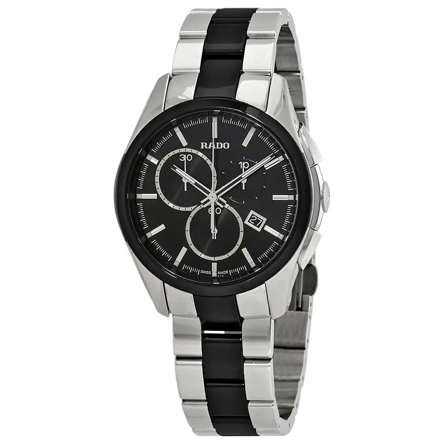 Rado R32038152 Men`s Hyperchrome Chronograph Black Dial 41 mm Watch - Dial: Black, Band: Silver & Black, Bezel: Silver