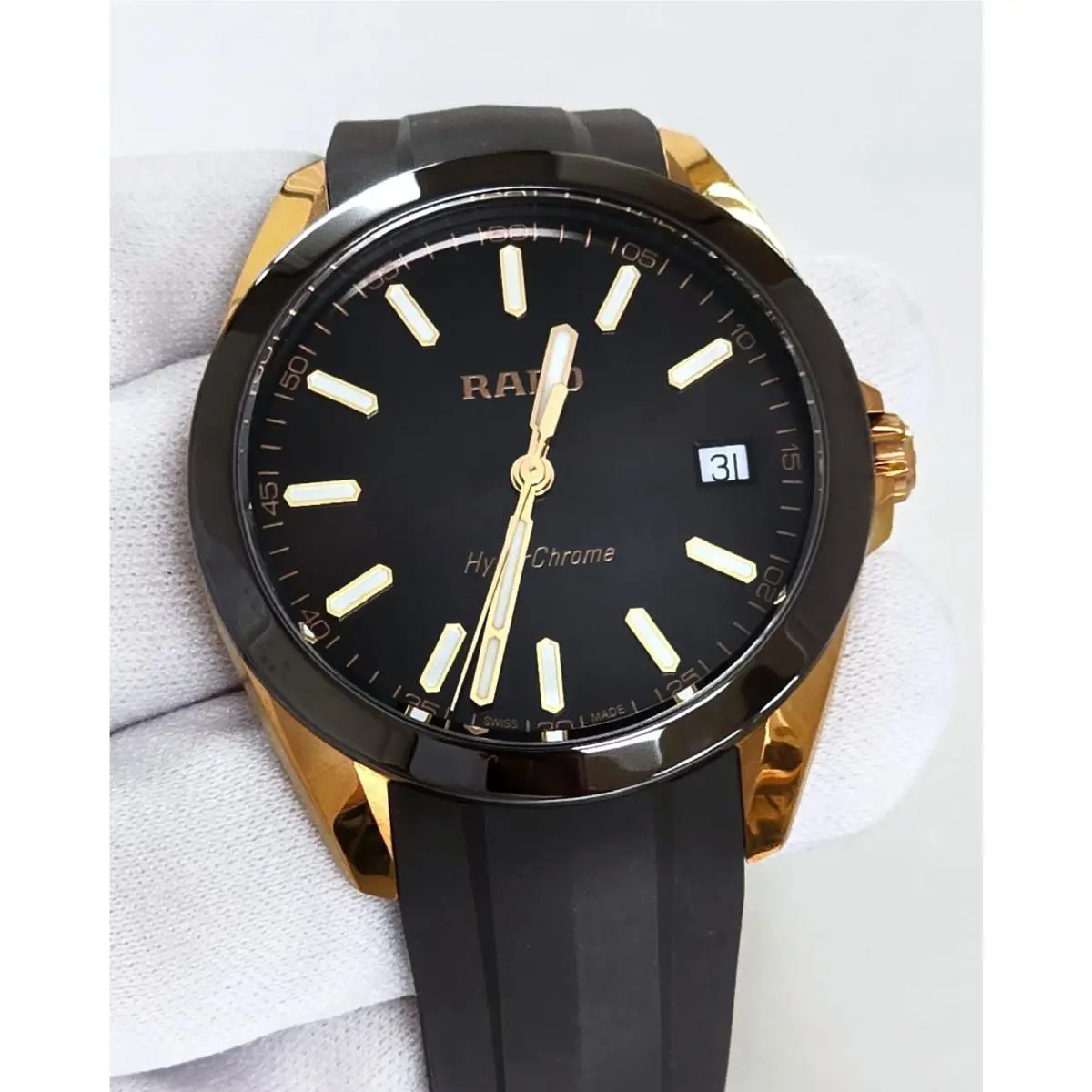 Rado Hyperchrome Quartz 41.5mm Brown Dial Rubber Men`s Watch R32281309 - Dial: Gold, Band: Gold, Bezel: Gold