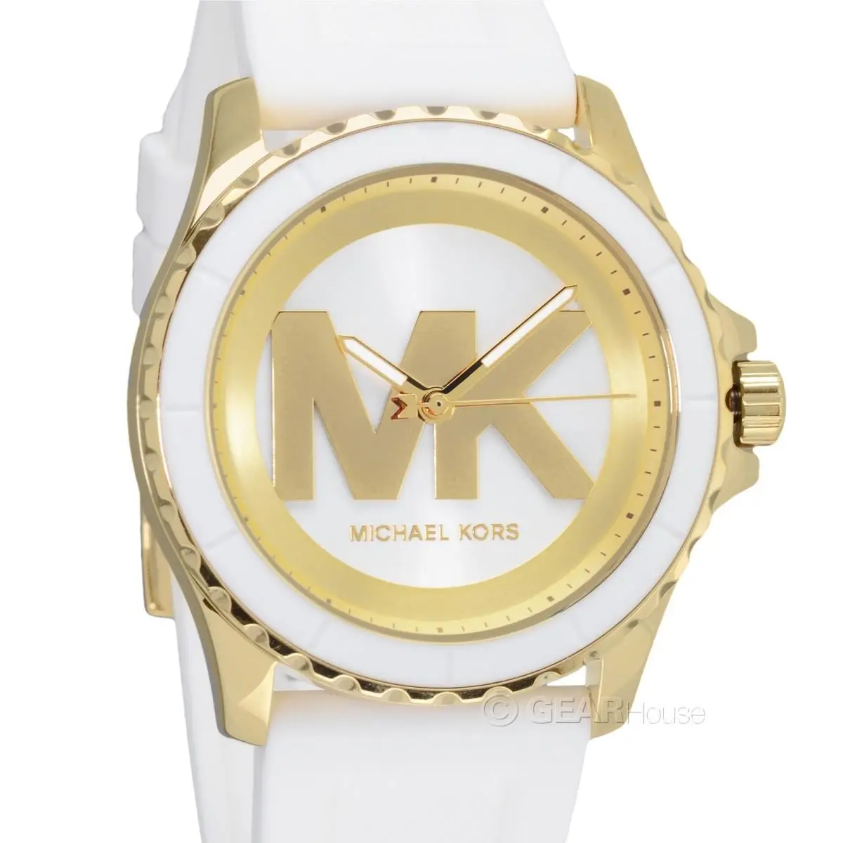 Michael Kors Womens Everest Gold Casual Watch MK Logo Dial White Silicone Band