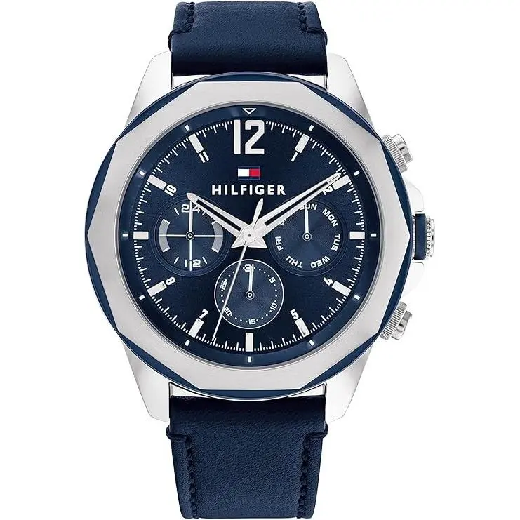 1792063 Men`s Blue Leather Strap Multifunction Blue Dial 46mm by Tommy Hilfiger