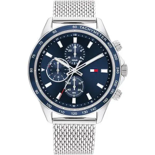 Tommy Hilfiger 1792018 Men`s Silver Stainless Mesh Multifunction Green Dial 46mm - Green, Silver