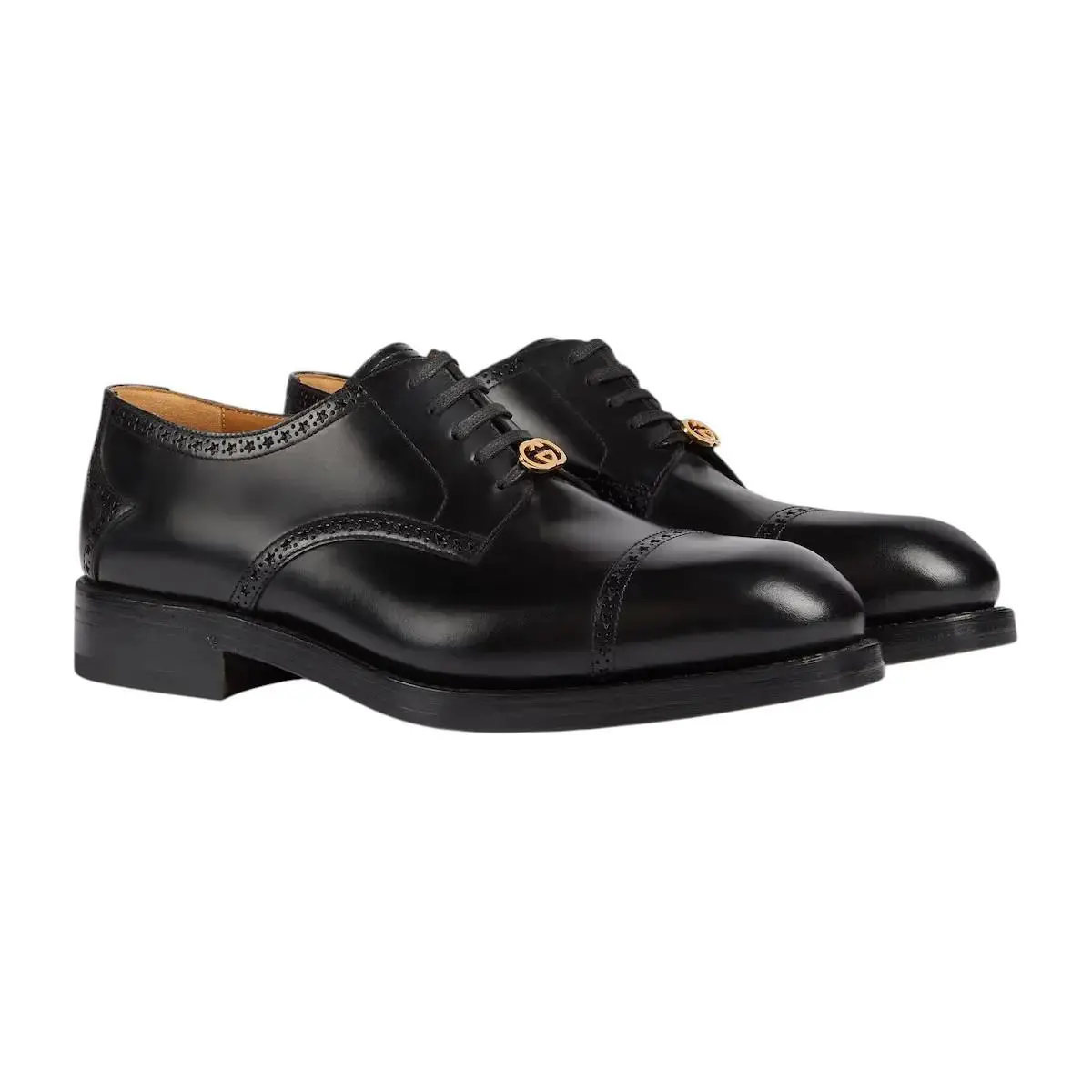 Men`s Gucci Black Leather Lace Up Brogue Derby Shoes 750310 - Black