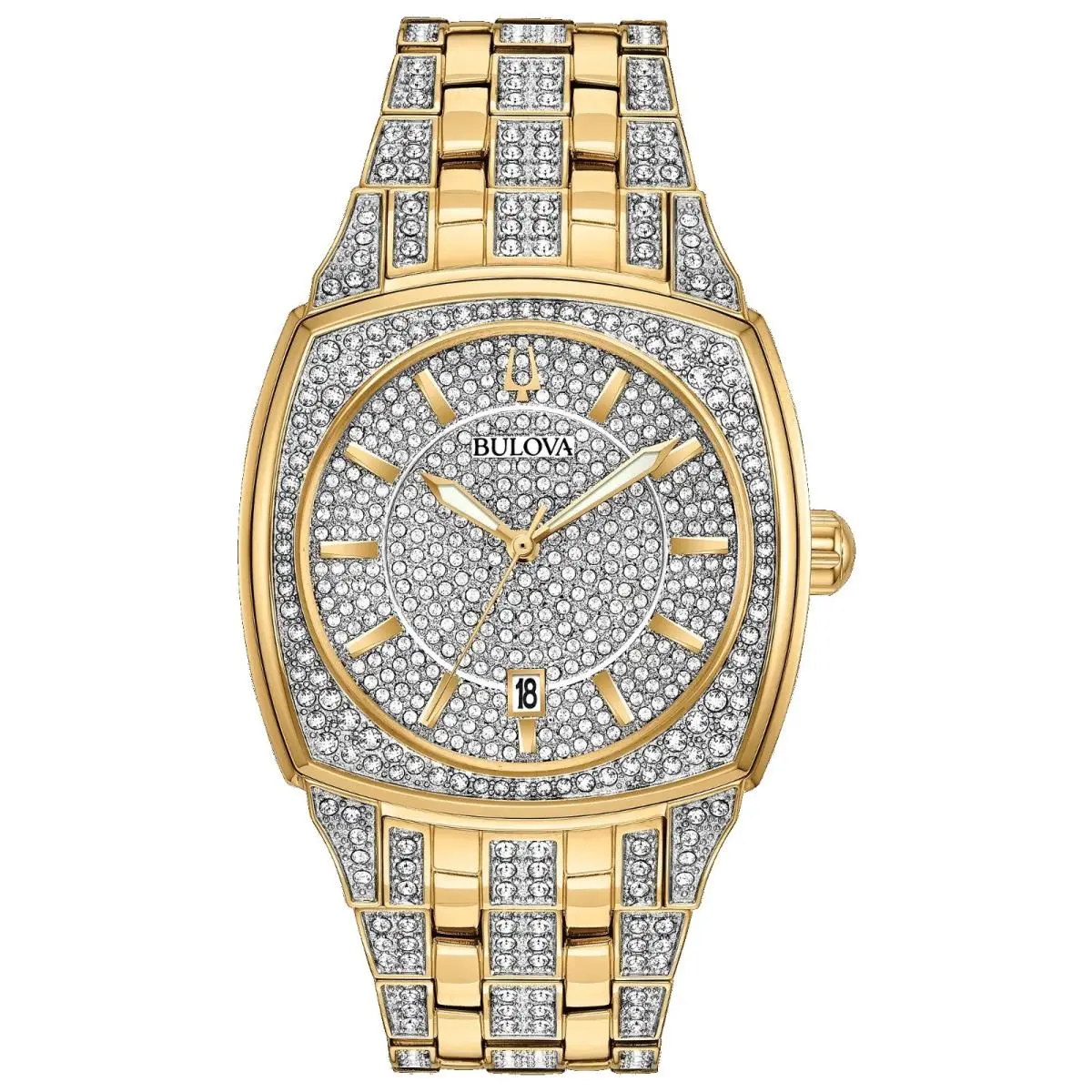 Bulova 98B323 Men`s Phantom Gold Tone Iced Out Crystal Accented Watch - Dial: Silver, Band: Gold, Bezel: Gold