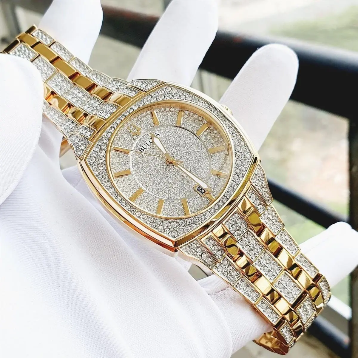 Bulova Phantom Crystal Pave Dial Men`s Watch 98B323 - Dial: Gold, Silver, Band: Gold, Multicolor, Silver, Bezel: Gold