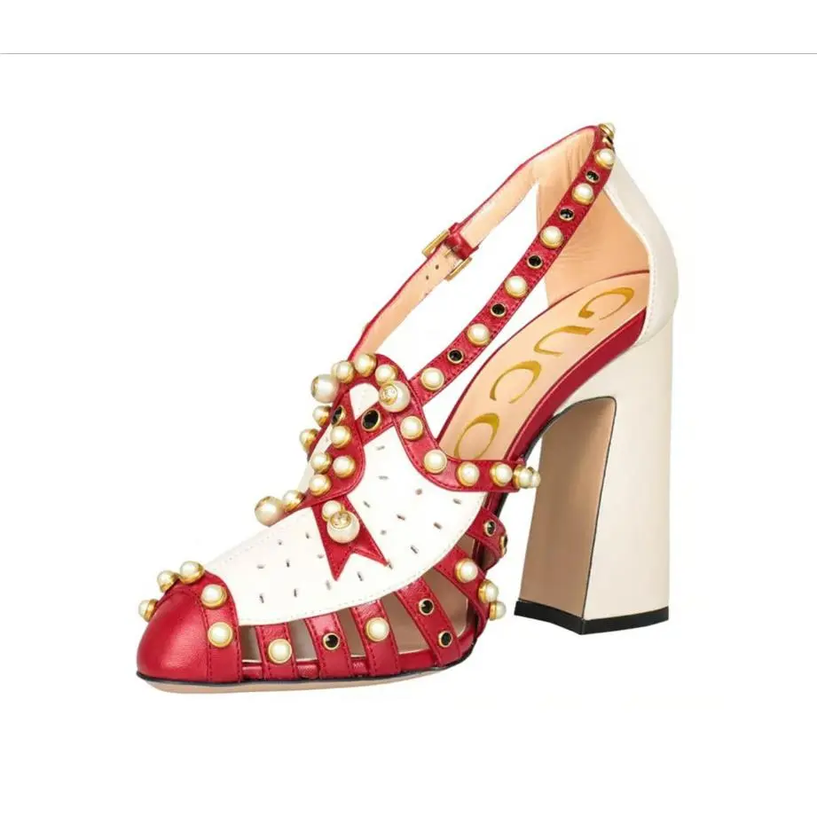 Tracy Red and Cream Cut Out Cabochon Detail Shoes Size EU 37/US 6.5 by Gucci