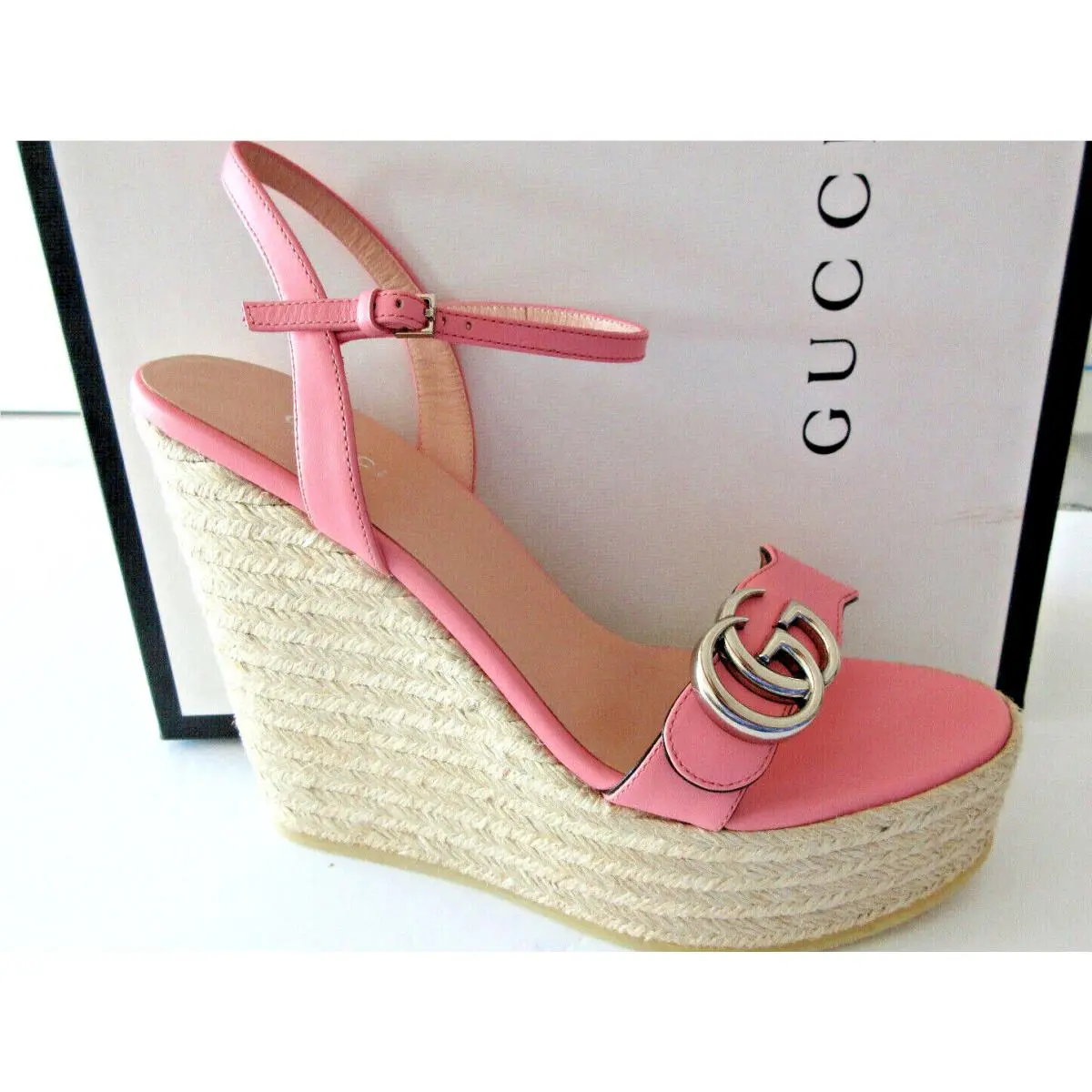 Marmont Pink Wedges Sandals GG Logo Platform Espadrille 39.5 9 by Gucci