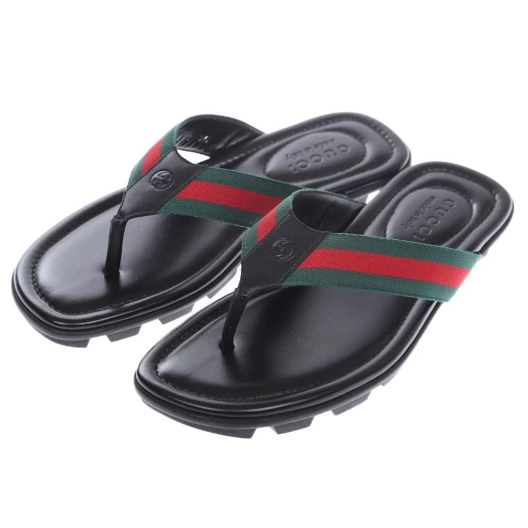 Gucci Men`s Black Leather Web Logo Thong Sandals Shoes 8/US 8.5 - Black