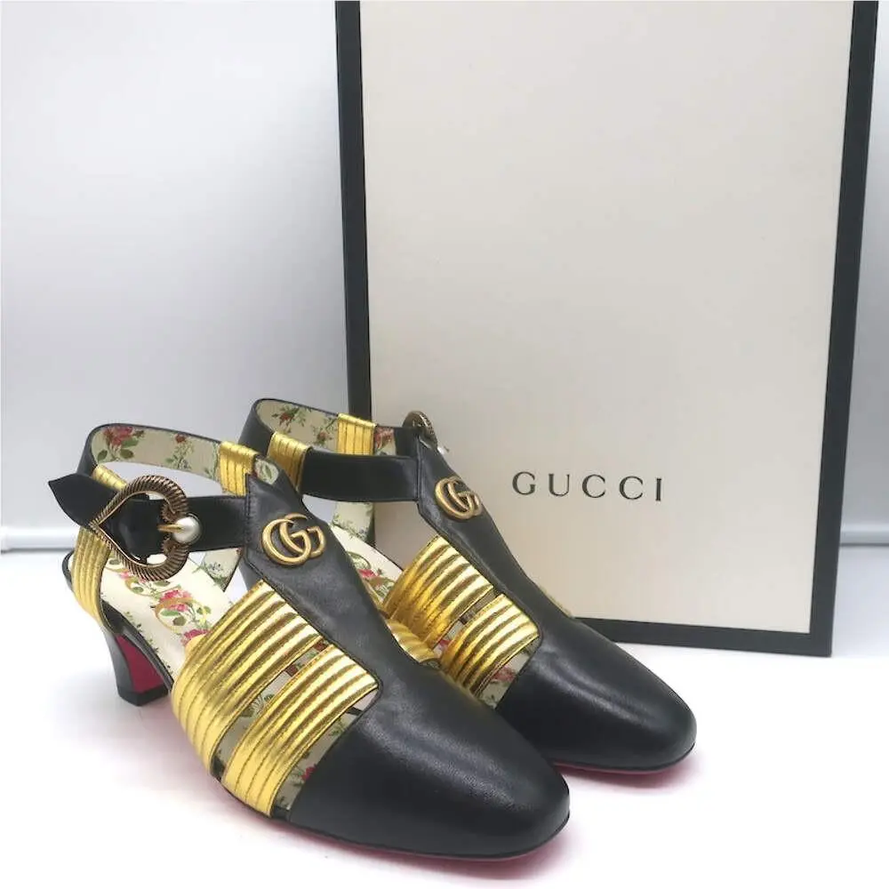 Gea Pearl T-strap Pumps Black Gold Leather Size 36.5 by Gucci