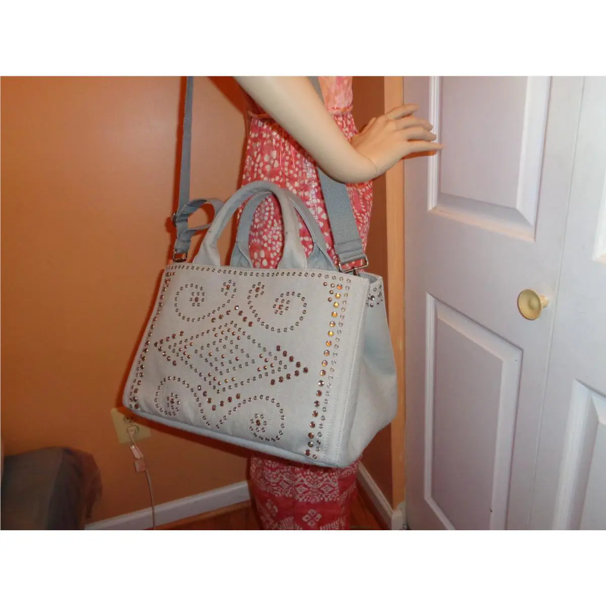 Prada Large Denim Nube Light Grey Studded Rhinestone Tote Shoulder BN2642