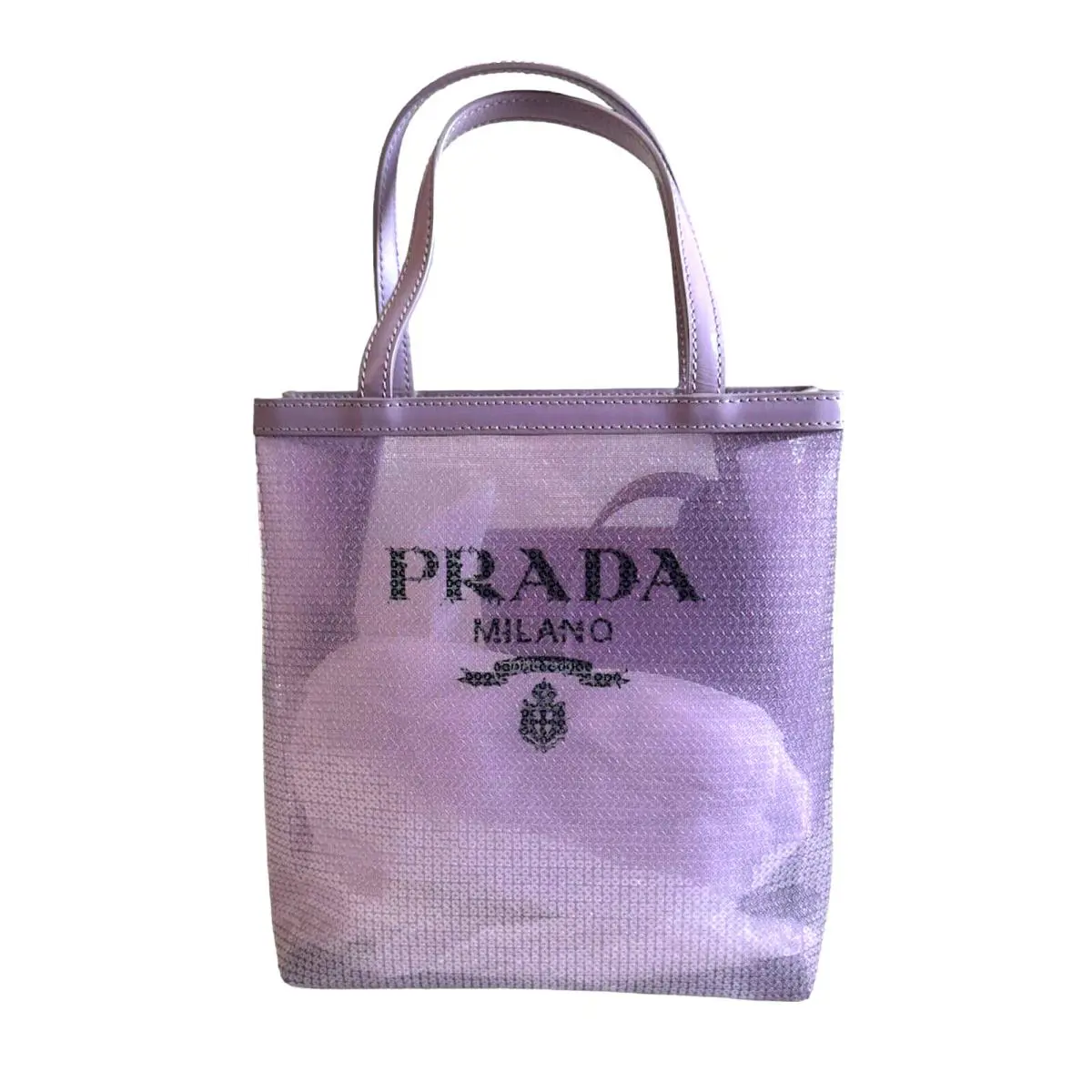 Prada Logo Sequined Small Tote Mesh Semi Transparent with Pouch Purple