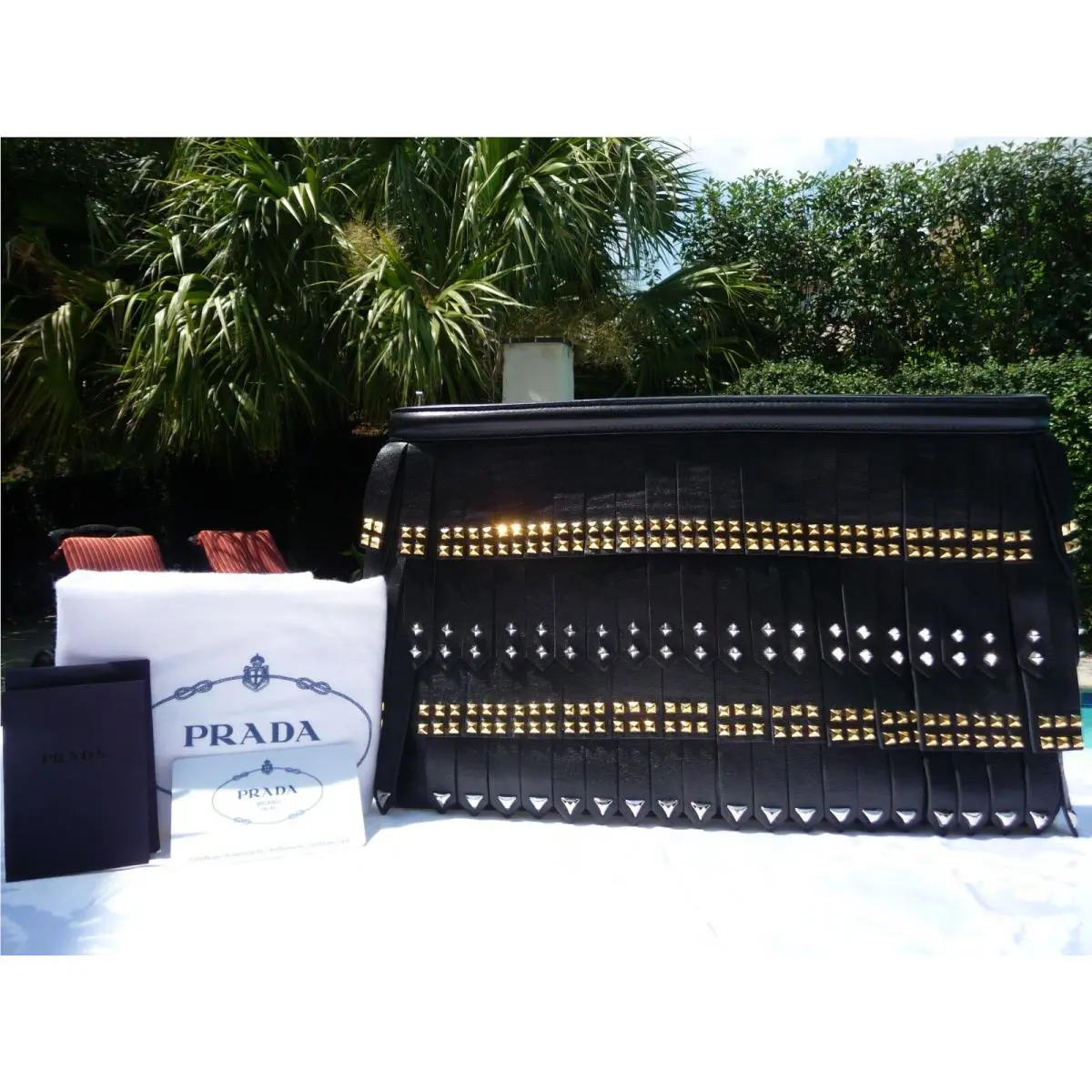 Prada Black Nappa Leather Gold Studded Fringe Clutch-$2895-RARE