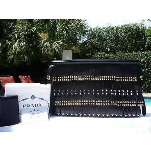 Prada Black Nappa Leather Gold Studded Fringe Clutch-$2895-RARE