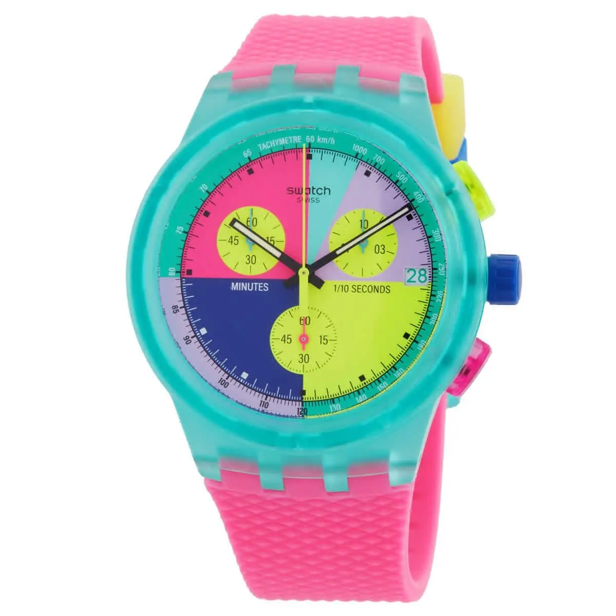 Swatch Neon Flash Arrow Chronograph Quartz Unisex Watch SUSG408 - Dial: Multicolored, Band: Pink, Bezel: Transparent Green