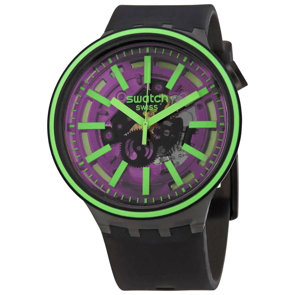 Swatch Pink Taste Quartz Black Skeleton Dial Watch SO27B113 - Dial: Black (Skeleton Center), Band: Grey, Bezel: Black