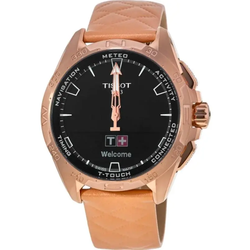 Tissot T-touch Connect Solar Black Dial Leather Strap Men`s Watch T1214204605100 - Dial: Black, Band: Rose Gold, Bezel: Rose Gold