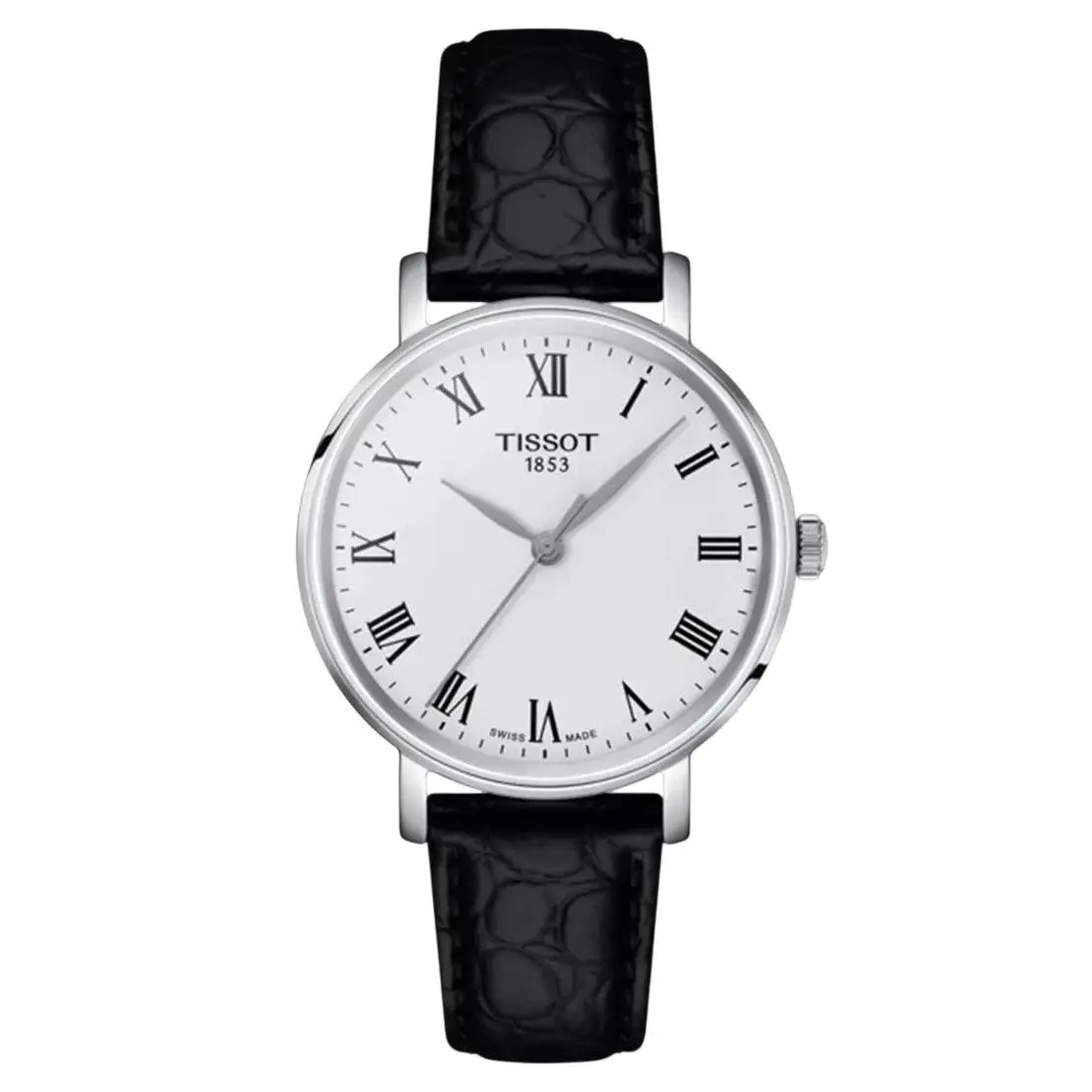 Tissot Women`s Watch Everytime White Dial Black Leather Strap T1432101603300 - Dial: White, Band: Black