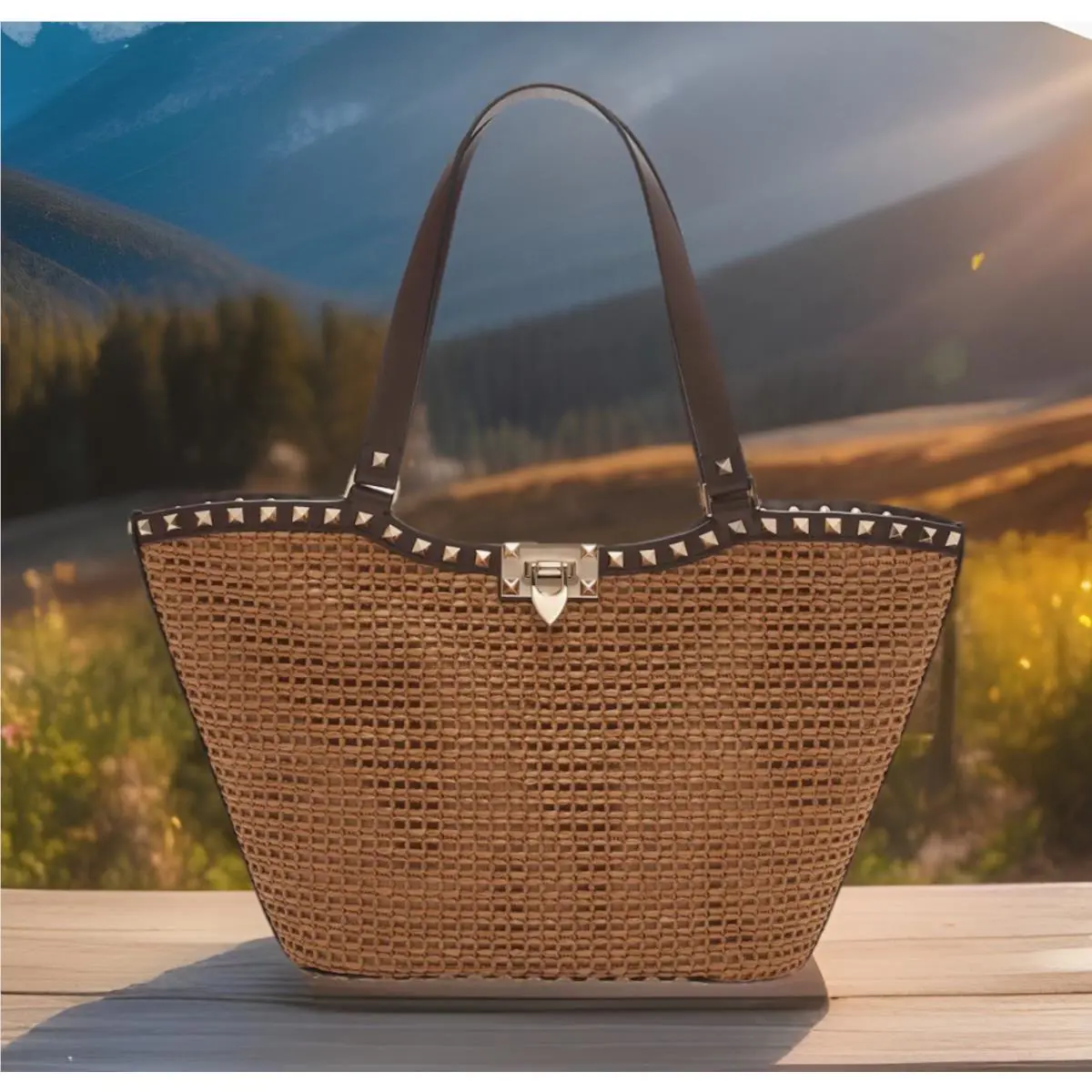 Valentino Garavani Rockstud Small Woven Raffia Tote In Tabacco