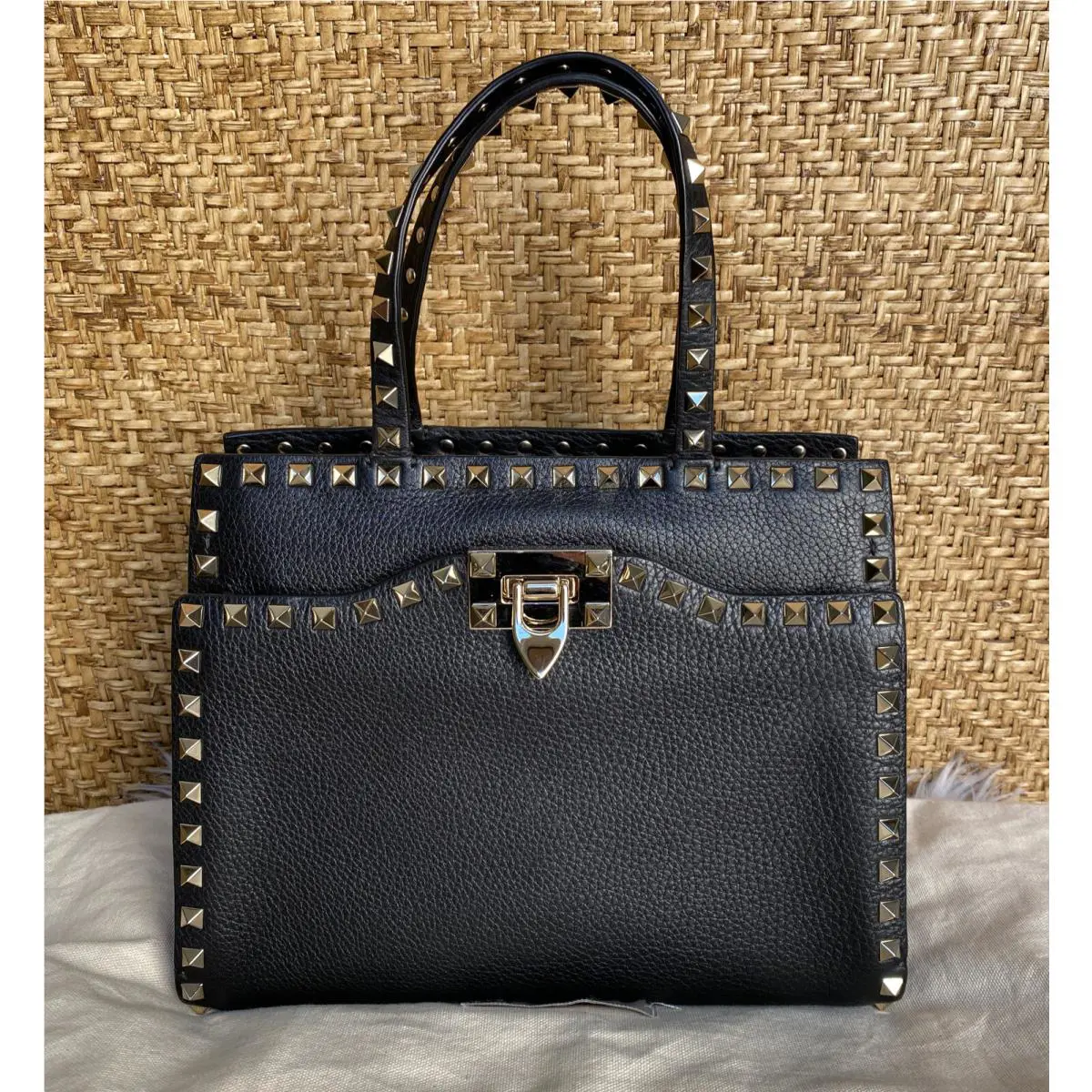 Valentino Garavani Rockstud Black Leather Flip Lock Top Handle Bag