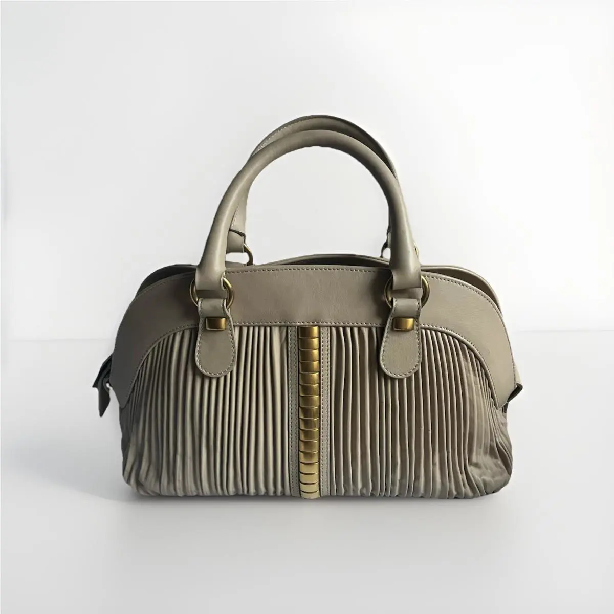Valentino Garavani Pleated Tucked Beige Leather Satchel Handbag Gold Hardware