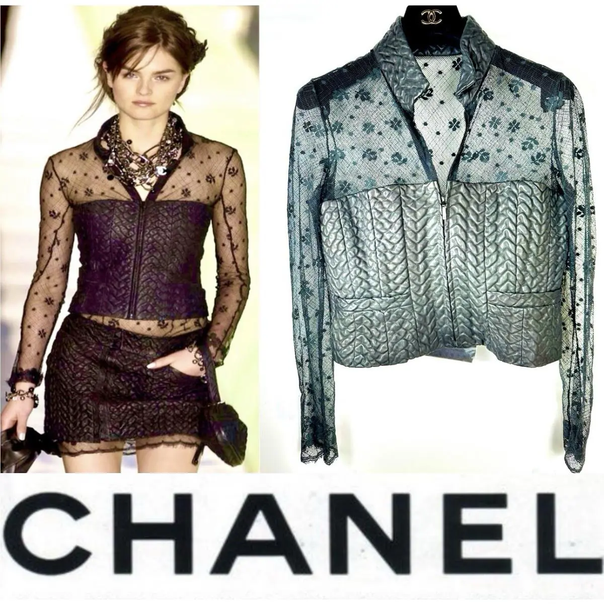 5k Tag Chanel 2003 Leather Lace Coat Jacket Top Shirt Black 36 38 40 4 6 8 M