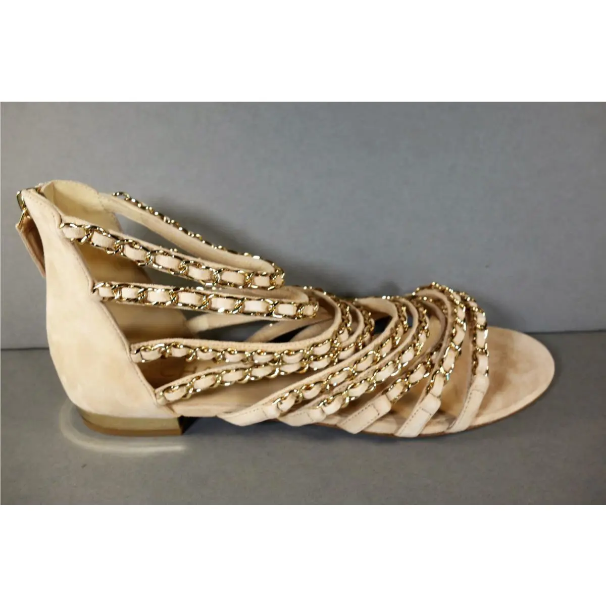 Chanel 40.5 Beige Suede Gladiator Gold Woven Chains Sandals Flats Shoes
