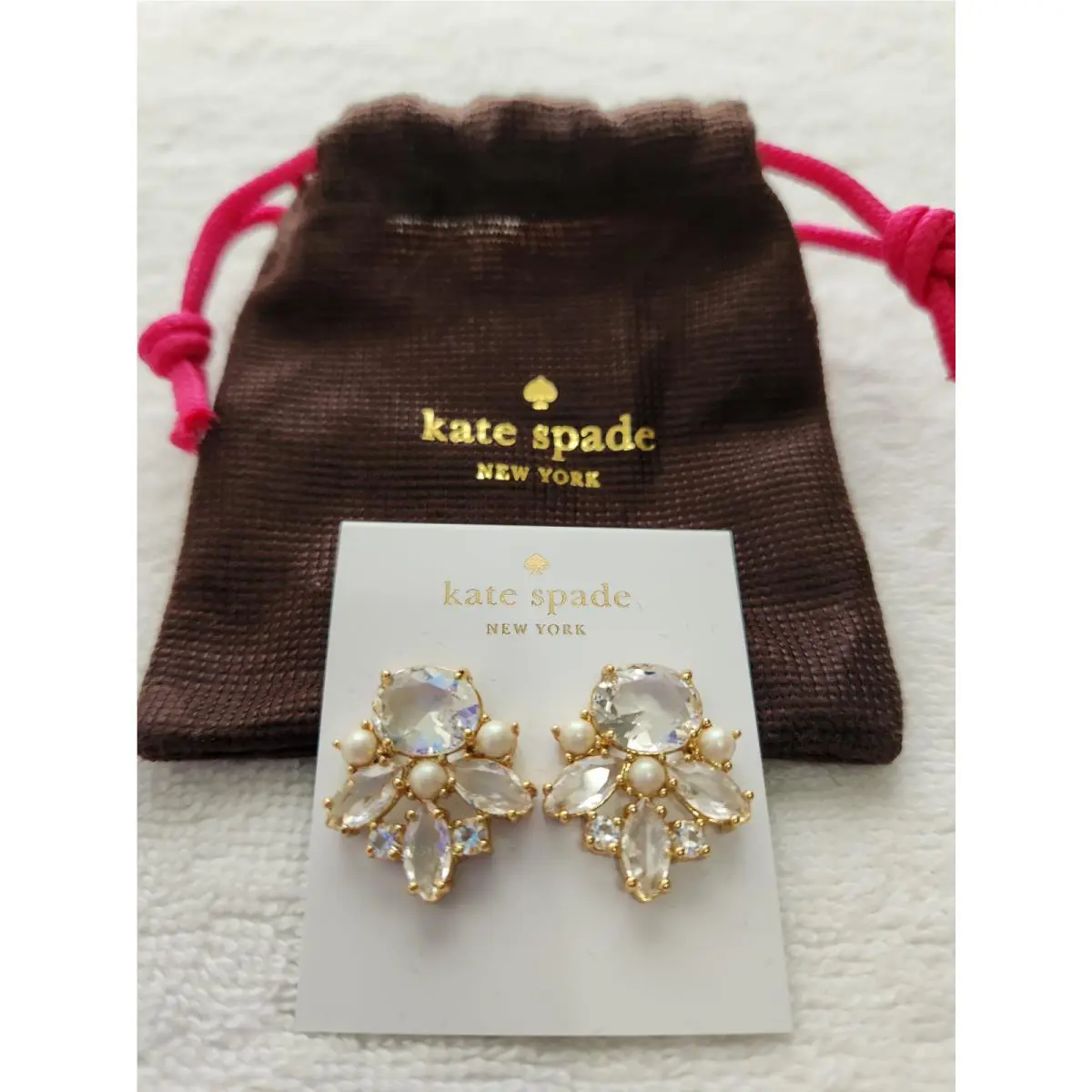 Kate Spade Sparkly Crystal Statement Earrings Goldtone Pearls Post Back