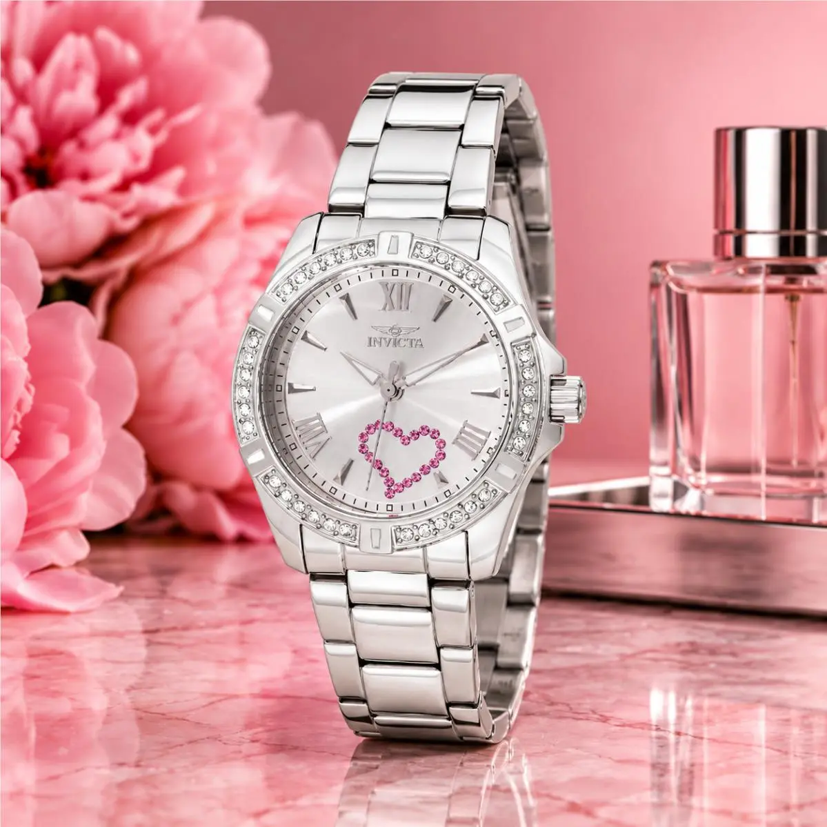Invicta Angel Luvora Women`s 34.5mm Silver Dial Crystal Bezel 49842 Pink Heart