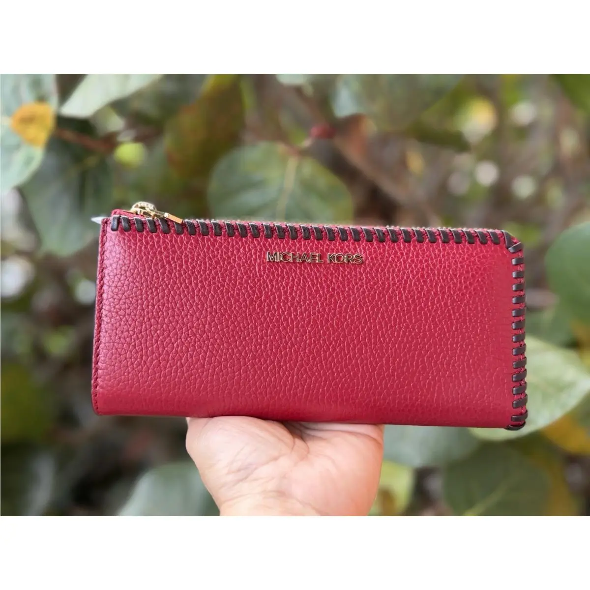 Michael Kors Jet Set Travel LG Three Quarter Zip Leather Wallet Braided Cherry