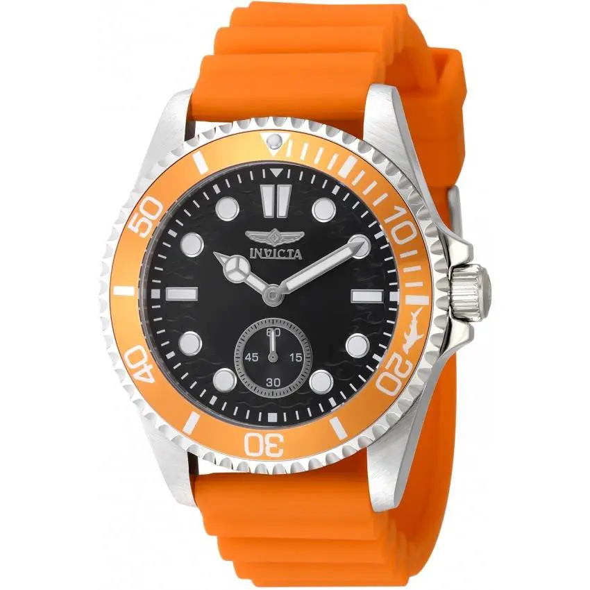 Invicta Pro Diver Quartz Black Dial Men`s Watch 49337 - Dial: Black, Band: Orange, Bezel: Silver-tone
