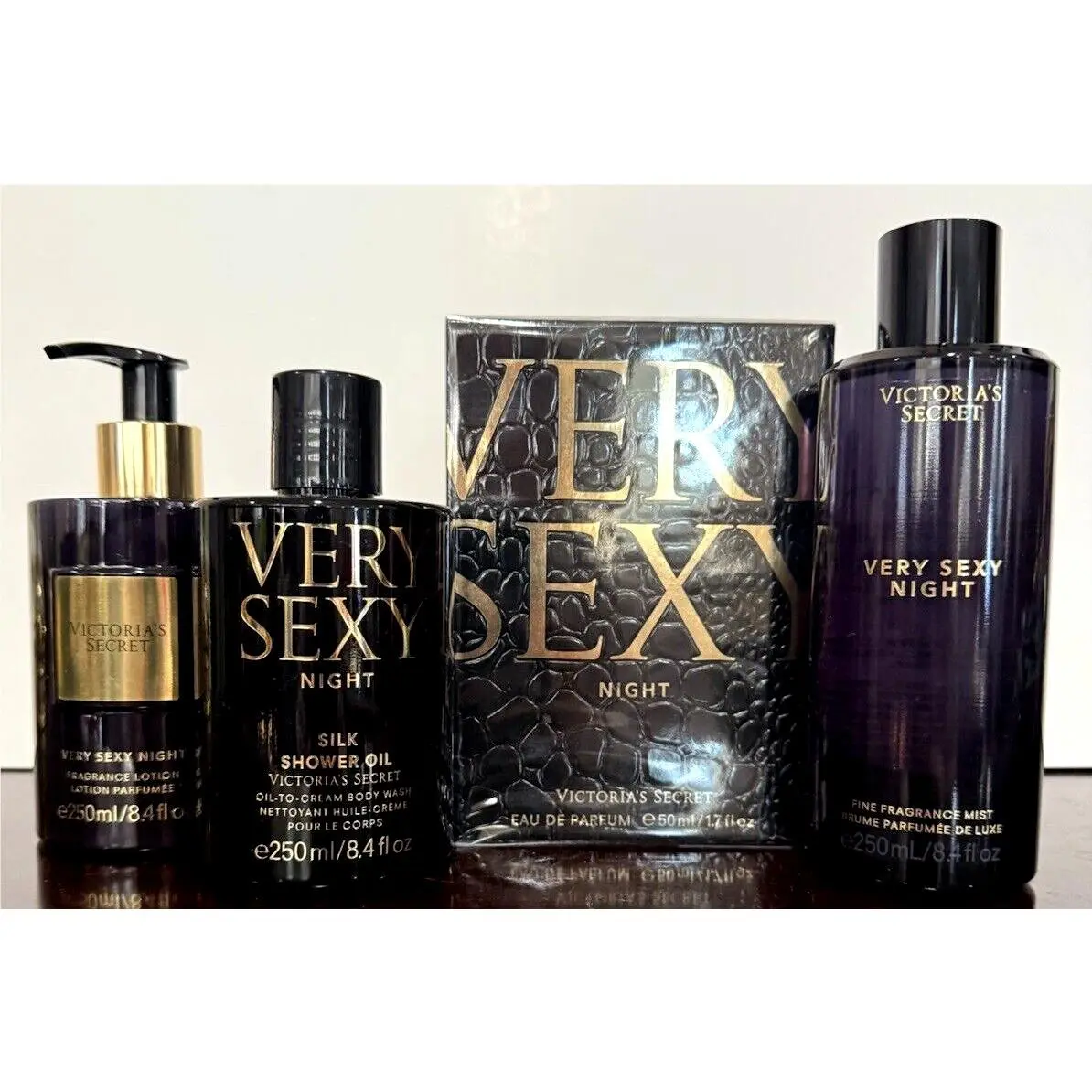 Victoria`s Secret Lot of 4 Very Sexy Night Silk Shower Oil Perfume Lotion Mist