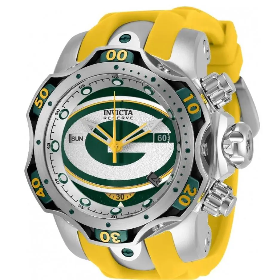 Invicta Nfl Greenbay Packers Venom Gen Iii 52mm Swiss Chrono Watch - Dial: Green, Band: Yellow