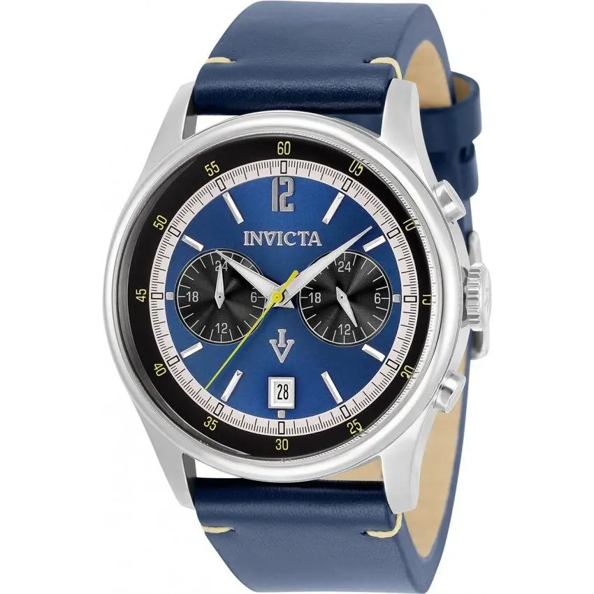 Invicta Vintage Zager 44 mm Blue Dial Dual Time Chronograph Leather 33505 - Dial: Blue, Band: Blue, Bezel: Silver