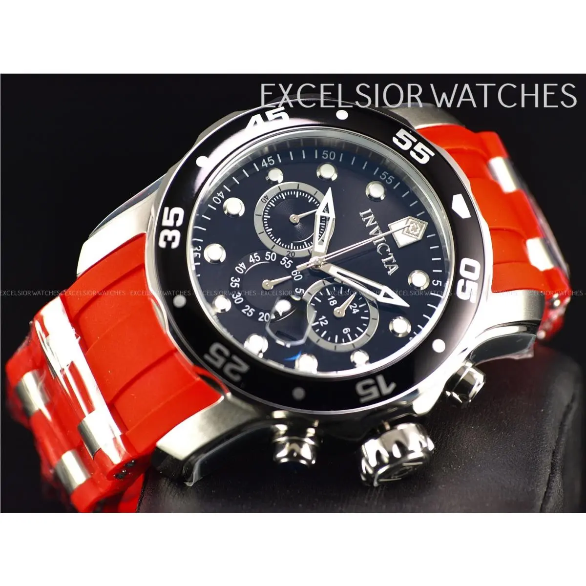 Invicta Men Pro Diver Chronograph Black Dial Silver Red Strap SS Watch - Dial: Black, Band: Red, Bezel: Black, Silver