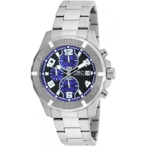 Invicta Specialty Men`s SS Black/blue Dial Chrono Qtz 45 mm 17717 - Dial: Black/Blue, Band: Silver, Bezel: Silver